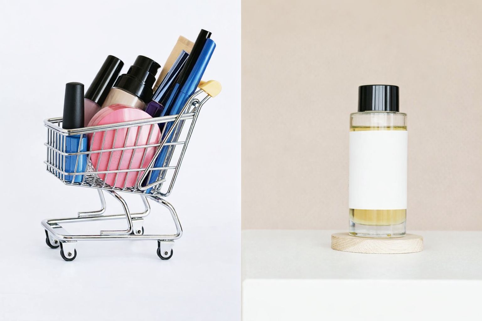 Mini-Einkaufswagen mit Make-up-Produkten und Parfümflasche; Merchandising-Artikel.